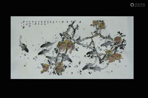 Chinese Ink Color Scroll Painting w Calligraphy