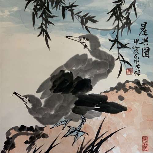 Chinese Ink Color Painting w Calligraphy and Seal