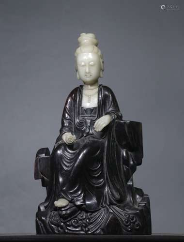 Chinese Zitan Wood Guanyin Figural w Jade