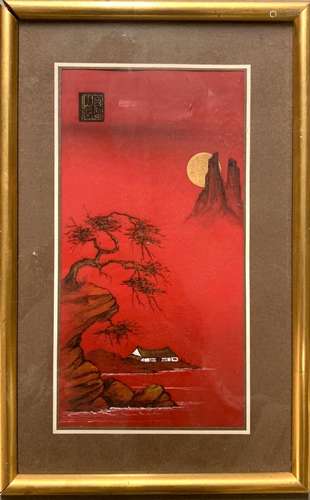 CHINE<br />
Crayon sur toile figurant une vue sur mer et mon...