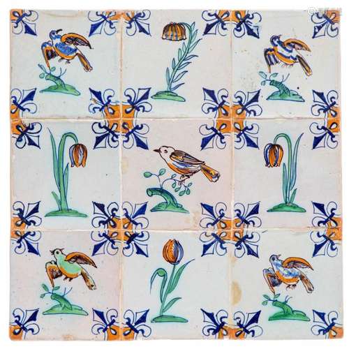 A field of nine Delft polychrome tiles