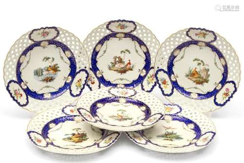 Six The Hague decorated Tournai porcelain reticulated plates