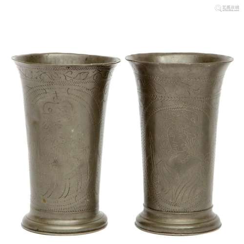 A pair of William & Mary  wriggle work  pewter beakers