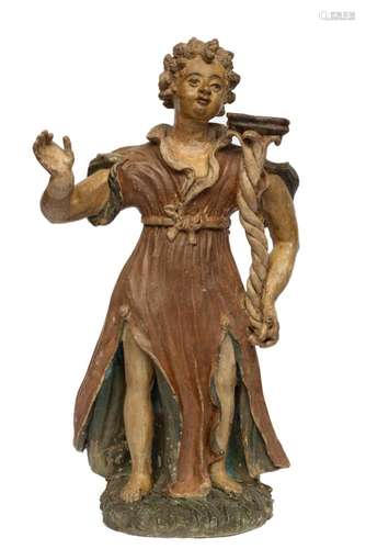 A polychrome painted terracotta figure of a man holding a to...