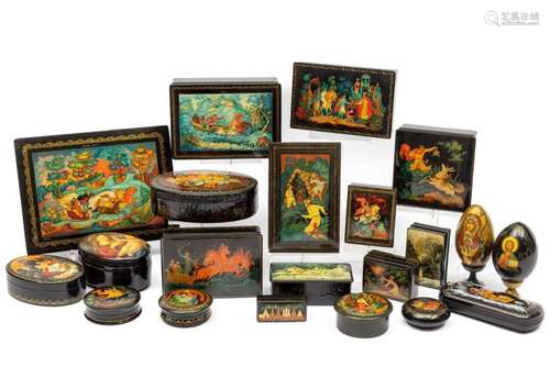 A collection of Russian lacquer Palekh boxes