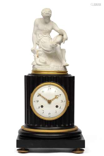 A Louis XVI black marble and biscuit mantle clock,  pendule ...