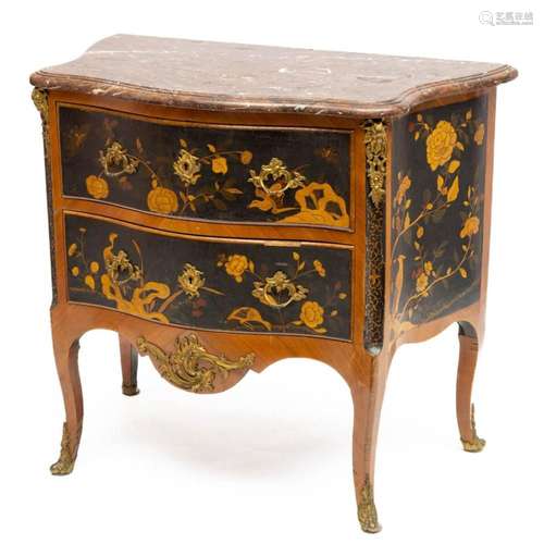 A French ormolu-mounted walnut, amaranth, and black-and-gilt...