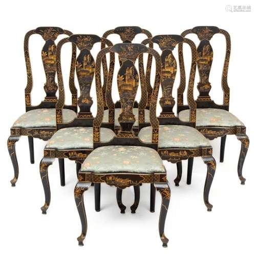 A set of six black-and-gilt lacquered chinoiserie dining cha...