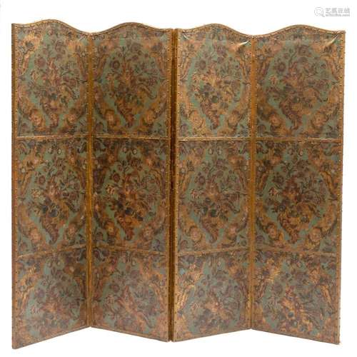 A gold leather four-panel folding screen