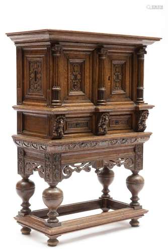 A Dutch small oak and ebony cabinet on stand,  tafelkast