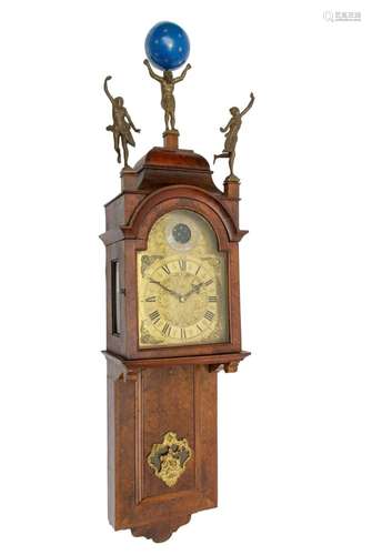 A Dutch burr-walnut hooded wall clock,  Amsterdammertje