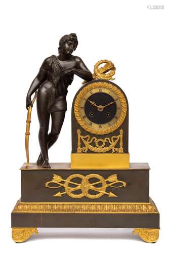 A Restauration ormolu and patinated bronze mantle clock