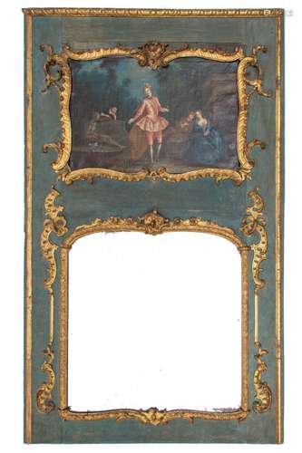 A Régence blue painted and parcel-gilt overmantle mirror