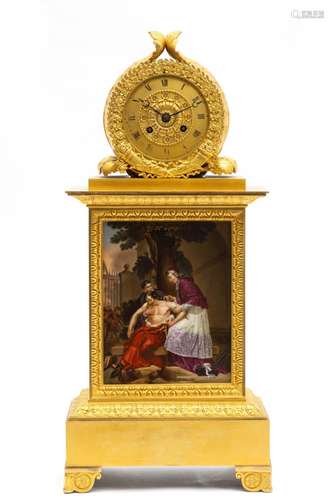 A Restauration ormolu and painted porcelain mantle clock