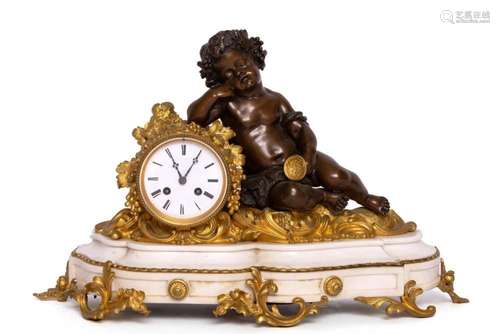 A French ormolu, patinated bronze, and white marble mantle c...