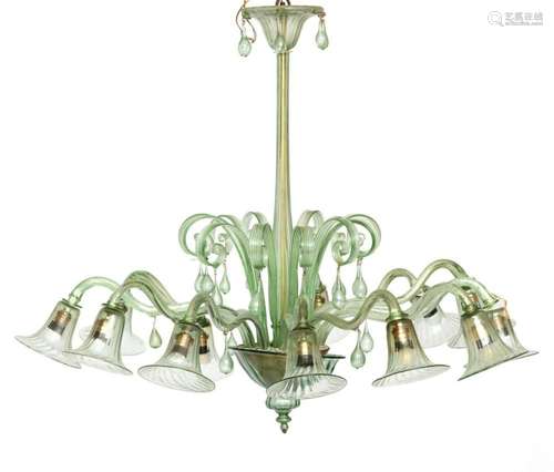 A Murano green glass twelve-light chandelier