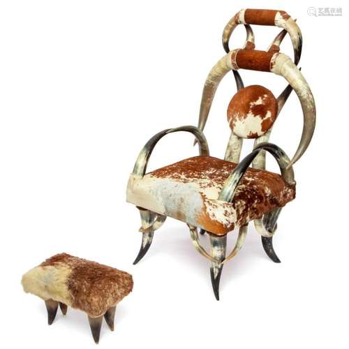 A Texas Longhorn chair with footstool