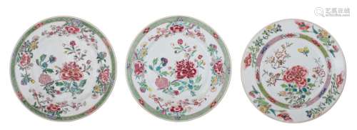 Three Chinese famille rose export porcelain 'Peony' dishes, ...