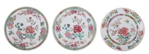 Three Chinese famille rose export porcelain 'Peony' dishes, ...