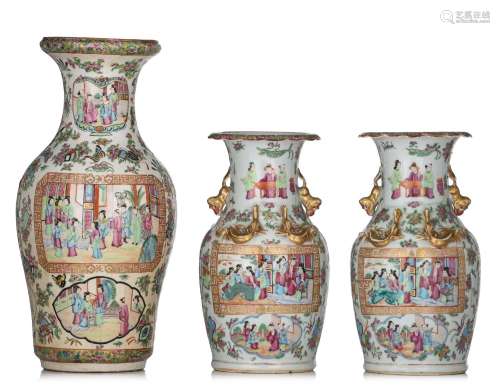 A pair of Chinese Canton famille rose vases and a ditto balu...