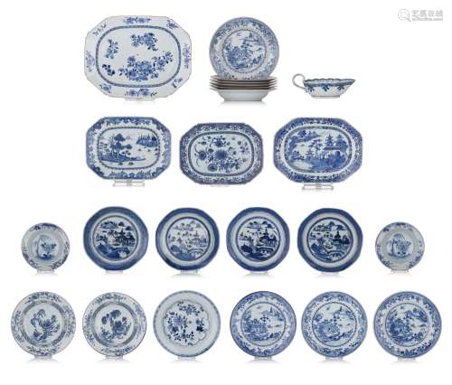 A collection of Chinese blue and white assembled dinnerware,...