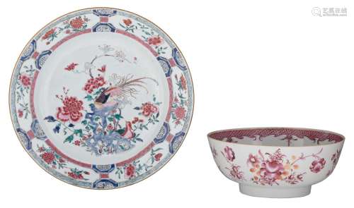 A Chinese famille rose charger and a punch bowl in puce, 18t...