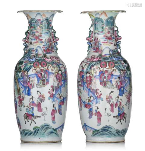 A pair of Chinese famille rose 'banquet' vases, 19thC, H 63,...