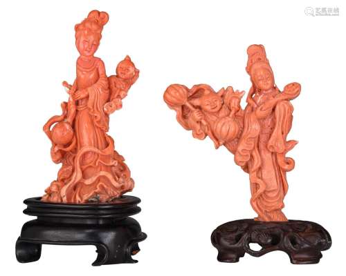 A collection of two Chinese coral figures, each fixed on a w...