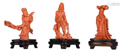 A collection of three Chinese coral figures, late Qing, Tota...
