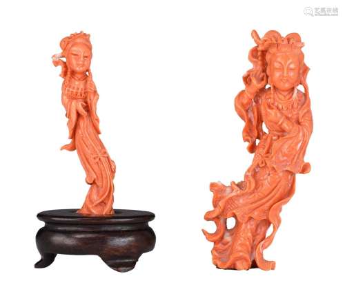 Two Chinese carved coral miniature figures, one fixed on a w...