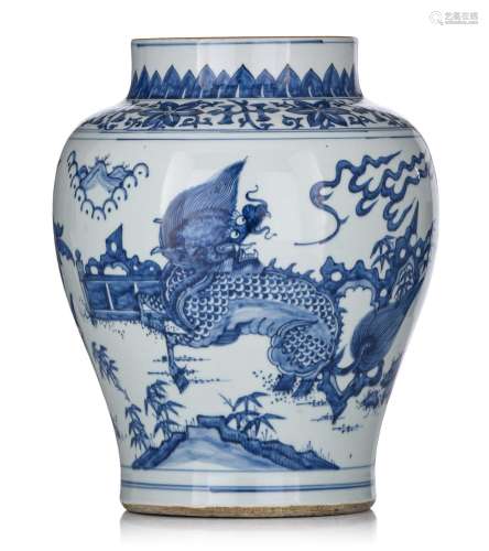 A Chinese Transitional style blue and white jar, H 34,5 cm