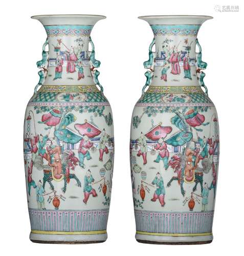 A pair of Chinese famille rose 'Guanyin on qilin' vases, 19t...