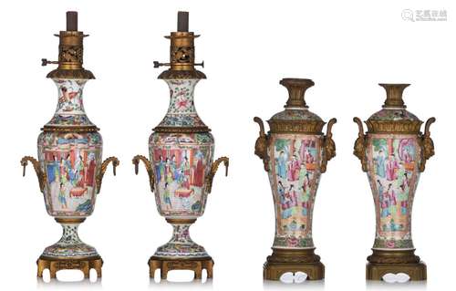 A collection of Chinese Canton famille rose lampstands, with...