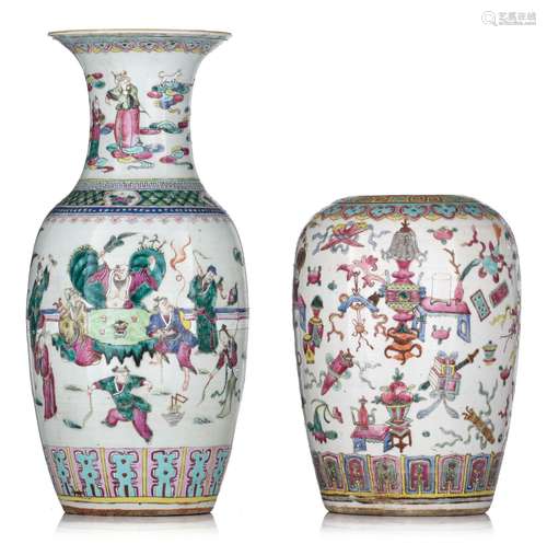 A Chinese famille rose vase and a ginger jar, 19thC, H 29,5 ...