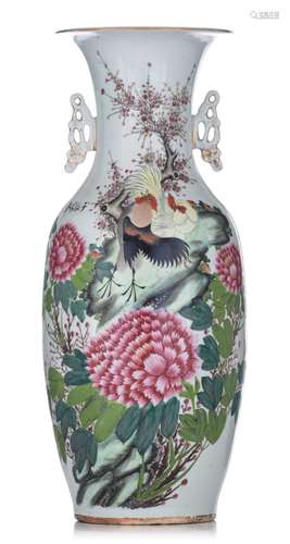 A Chinese famille rose 'Cockerels' vase, the back with a sig...