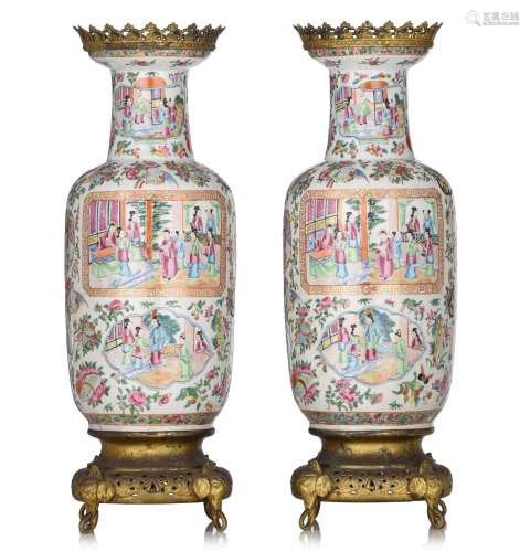 A pair of Chinese Canton famille rose vases, with gilt bronz...