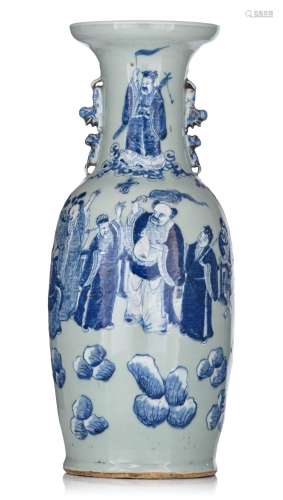 A Chinese blue and white on celadon ground 'Immortals' vase,...