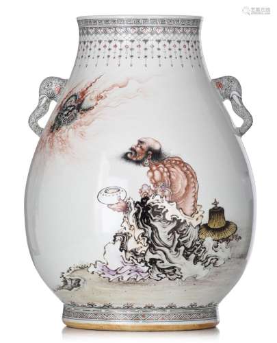 A Chinese polychrome decorated Hu-vase, with signed texts an...