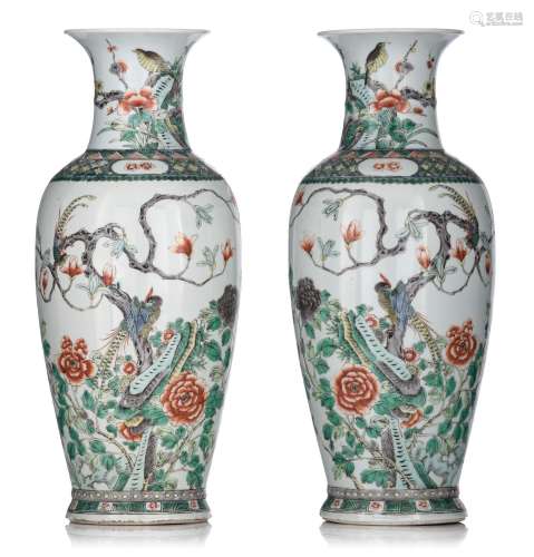 A fine pair of Chinese famille verte baluster vases, 19thC, ...