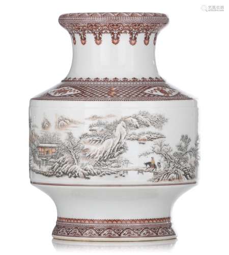 A Chinese famille rose and grisaille 'Winter Landscape' vase...