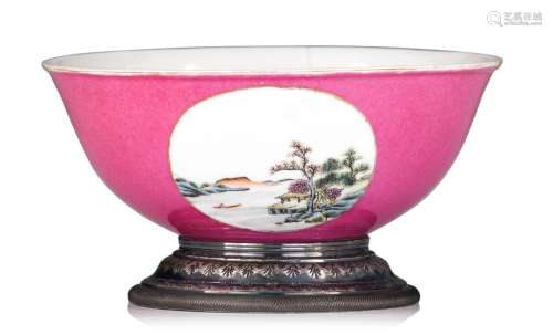 A Chinese pink ground medallion bowl, with a silver mount, l...