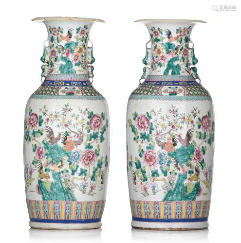 A pair of Chinese famille rose 'Cockerel' vases, late 19thC,...