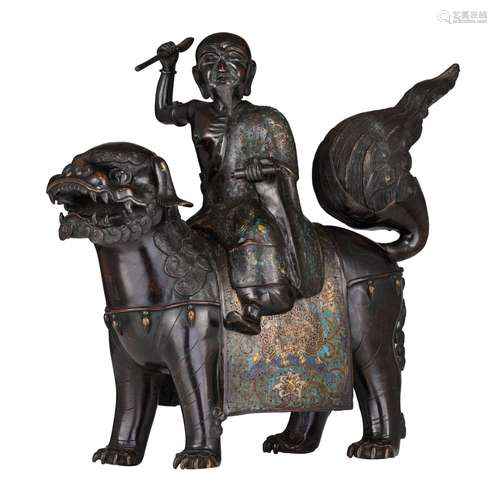 A Japanese champlevÈ bronze figure of a Rakan on a kylin, 19...