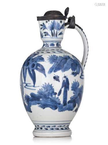 A Japanese Arita blue and white ewer, with a silver cap, lat...