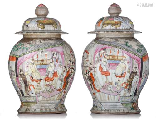 A pair of Chinese baluster vases and covers, depicting 'The ...