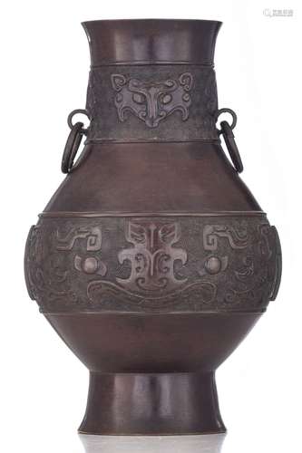 A Chinese bronze Hu vase in archaistic style, 19thC, H 31 cm