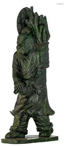 A Chinese dark green jadeite sculpture of a woodcutter, H 93...