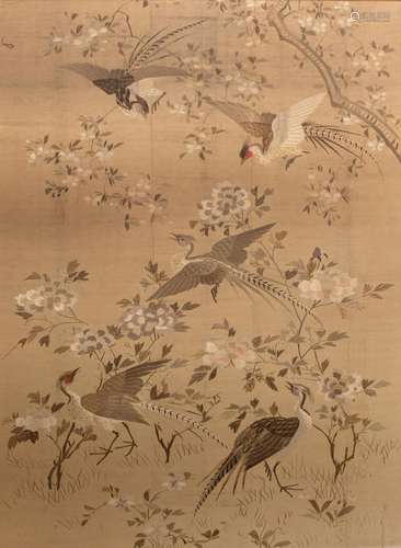 A Chinese 'Pheasants' embroidery on silk, late Qing, 108,5 x...