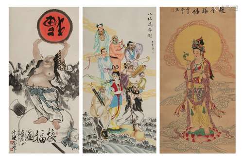 A collection of three Chinese scrolls, watercolour and ink o...