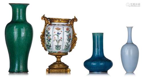 Three Chinese monochrome glazed vases and a famille verte ja...